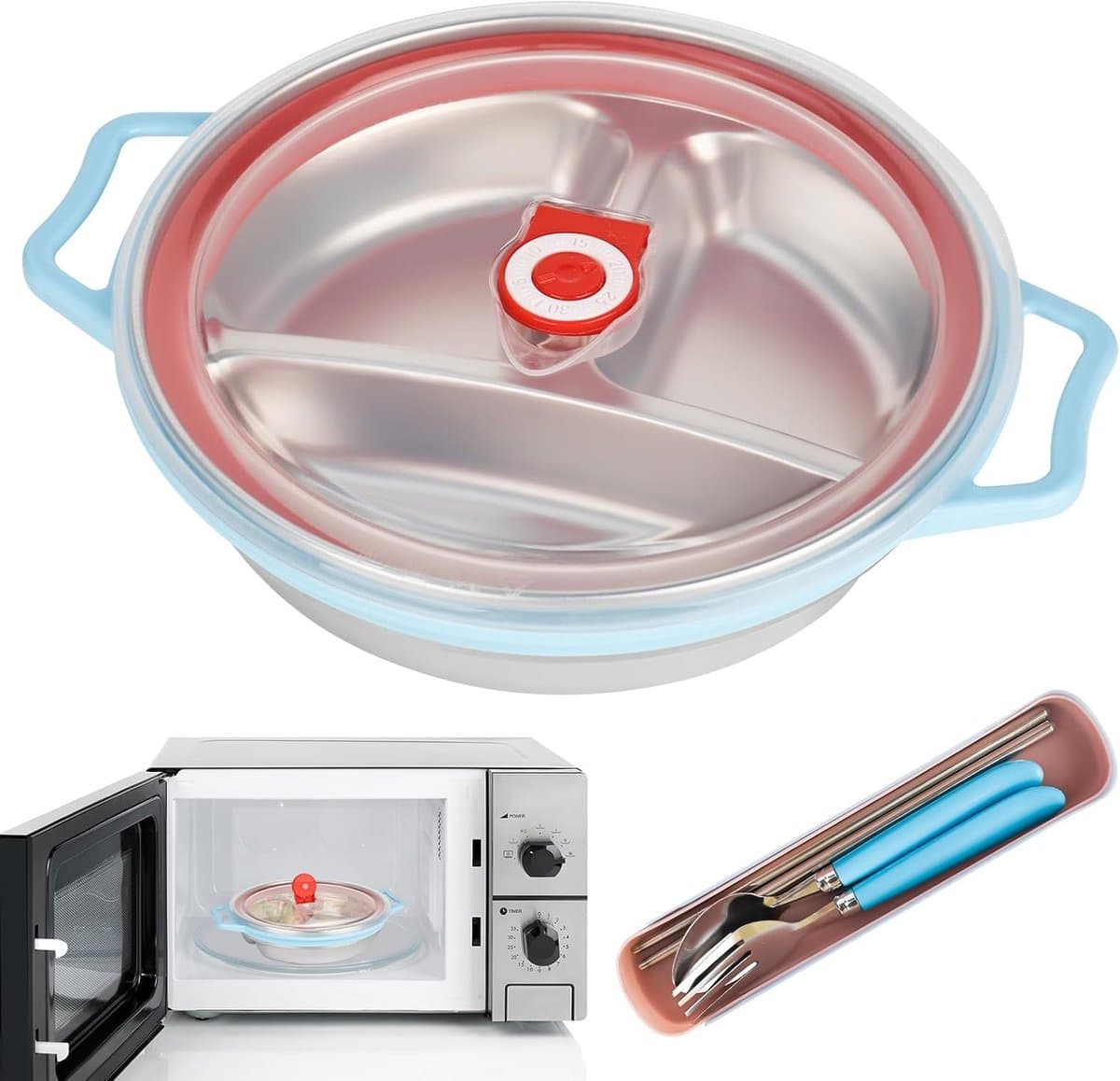 Microwave Plate 850 ml - Magnetron Schaal met Deksel - Magnetron Schotel met 3 Compartimenten en Ventilatie - Magnetron Servies met Bestek - BPA Vrij - Blauw — afbeelding 1