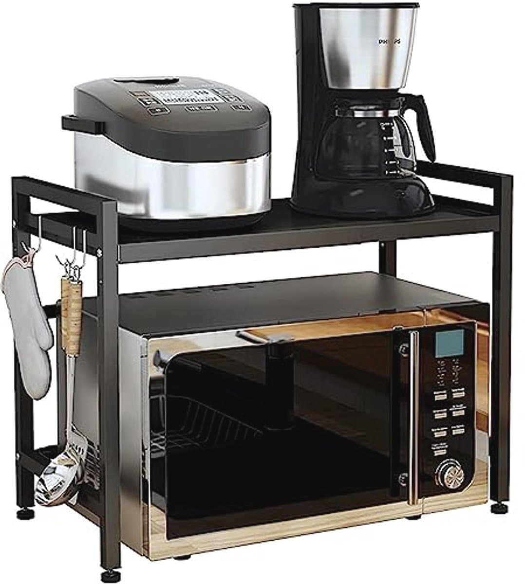 homewell Magnetronrek, 2-traps, uitbreidbaar rek om in lengte verstelbaar, moderne magnetronstandaard van koolstofstaal, met mobiele haak voor keukenorganizer (1-delige set, model 2, zwart) — afbeelding 1