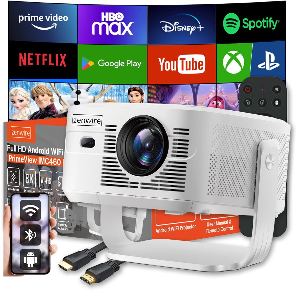 Zenwire® PrimeView IMC460 Pro Projector – Android 14 – Full HD 1080p – 4K & 8K Ondersteuning – 950 ANSI Lumen – WiFi 6 – Bluetooth 5.4 – Autofocus – 2 GB RAM / 16 GB ROM — afbeelding 1