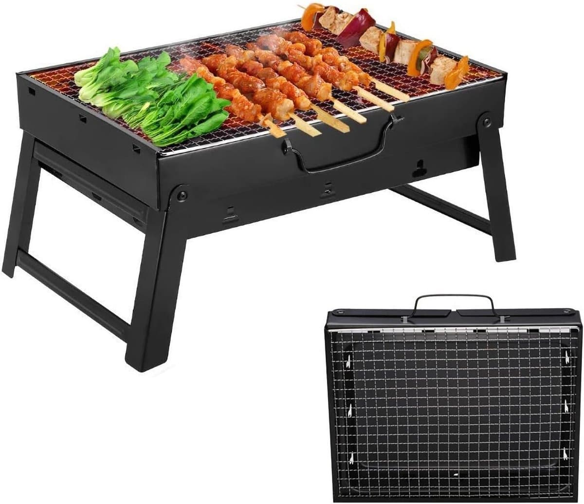 Daity 1 stuk - Houtskoolbarbecue – Draagbare tafelgrill, camping- & picknickgrill – Afneembare, inklapbare minigrill voor buiten, terras en camping (Klein) – Zwart — afbeelding 1