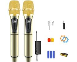 Microfoon-Professionele Draadloze Microfoon Set - 2.4 GHz Dynamisch Systeem -Goud- 60 Meter Bereik - Lange batterijduur- USB-C Oplaadbaar - Voor Karaoke, DJ, Bruiloft , Kerk - Zwart