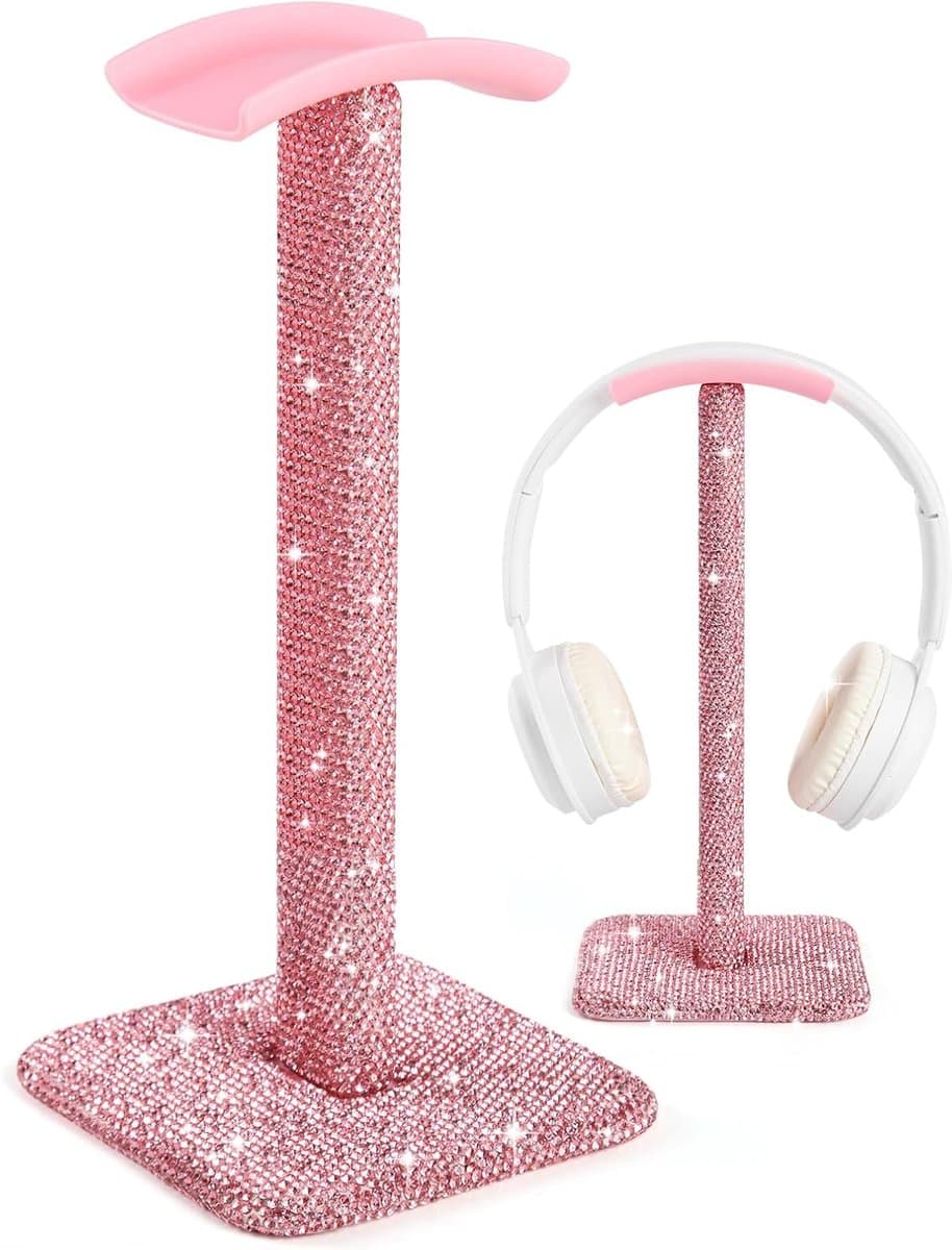 Hoofdtelefoon standaard - Headset houder - Bureau organiseren - Versierd met kristallen - 10.5 x 10.5 x 23 cm - Roze — afbeelding 1