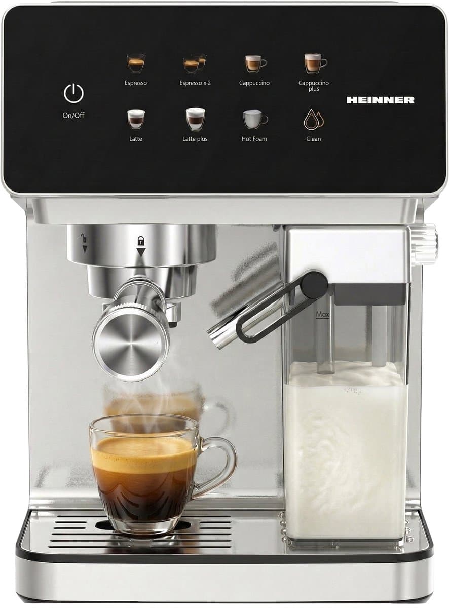 Heinner Pistonmachine – Touch Control – 1350W – Digitaal display – 20 Bar – Espressomachine - Waterreservoir 1.6L en Melkreservoir 0.5L – Zilver — afbeelding 1