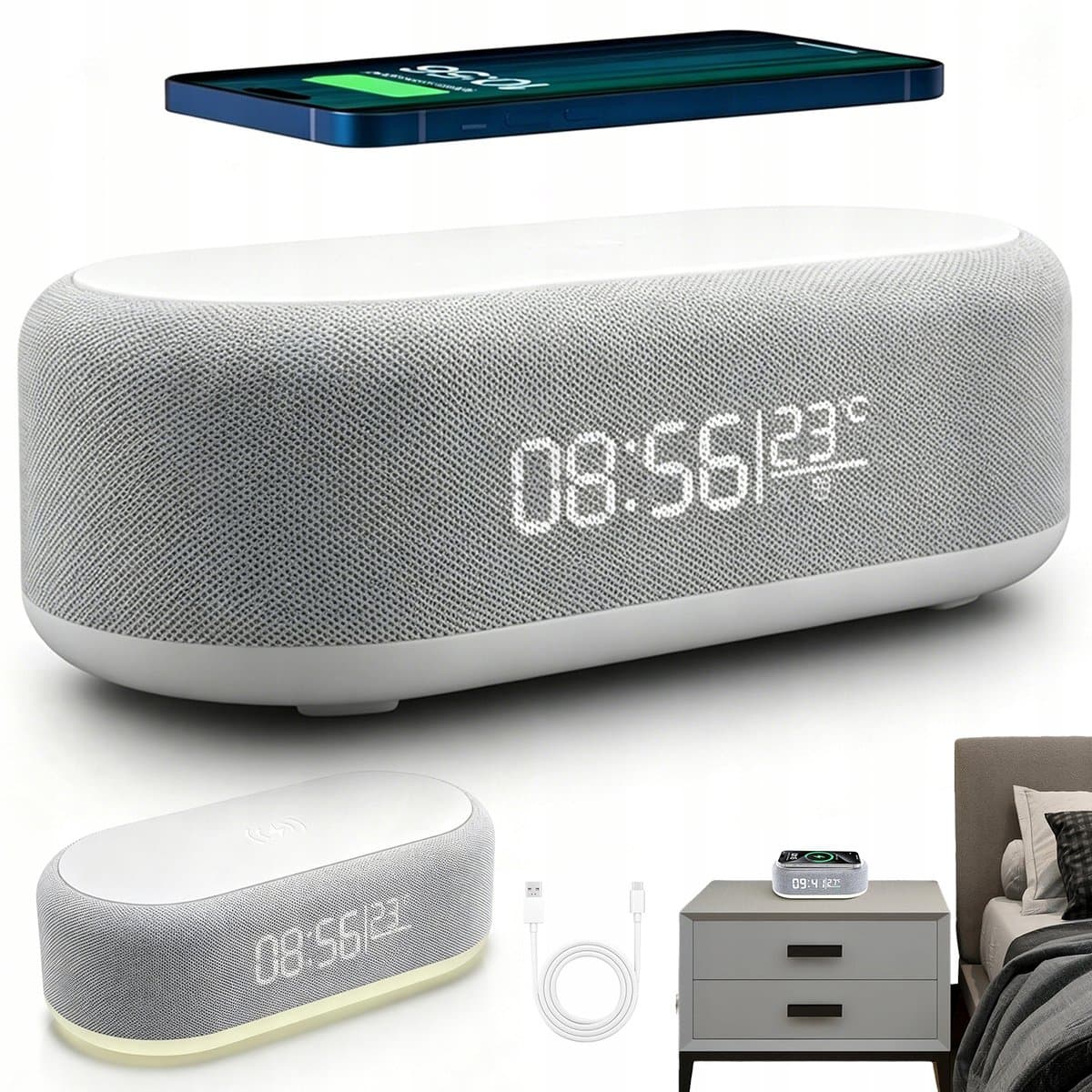 Digitale Wekkerradio - Draadloze Wekker - Digitale Klok Slaapkamer - 4-in-1 Snellader & Nachtlampje - Temperatuur & 12/24u - Voor Bureau & Slaapkamer — afbeelding 1