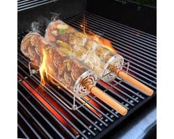 Cilindrische Barbecue Grillmand Set - 2 Stuks - RVS 304 met Houten Handgrepen