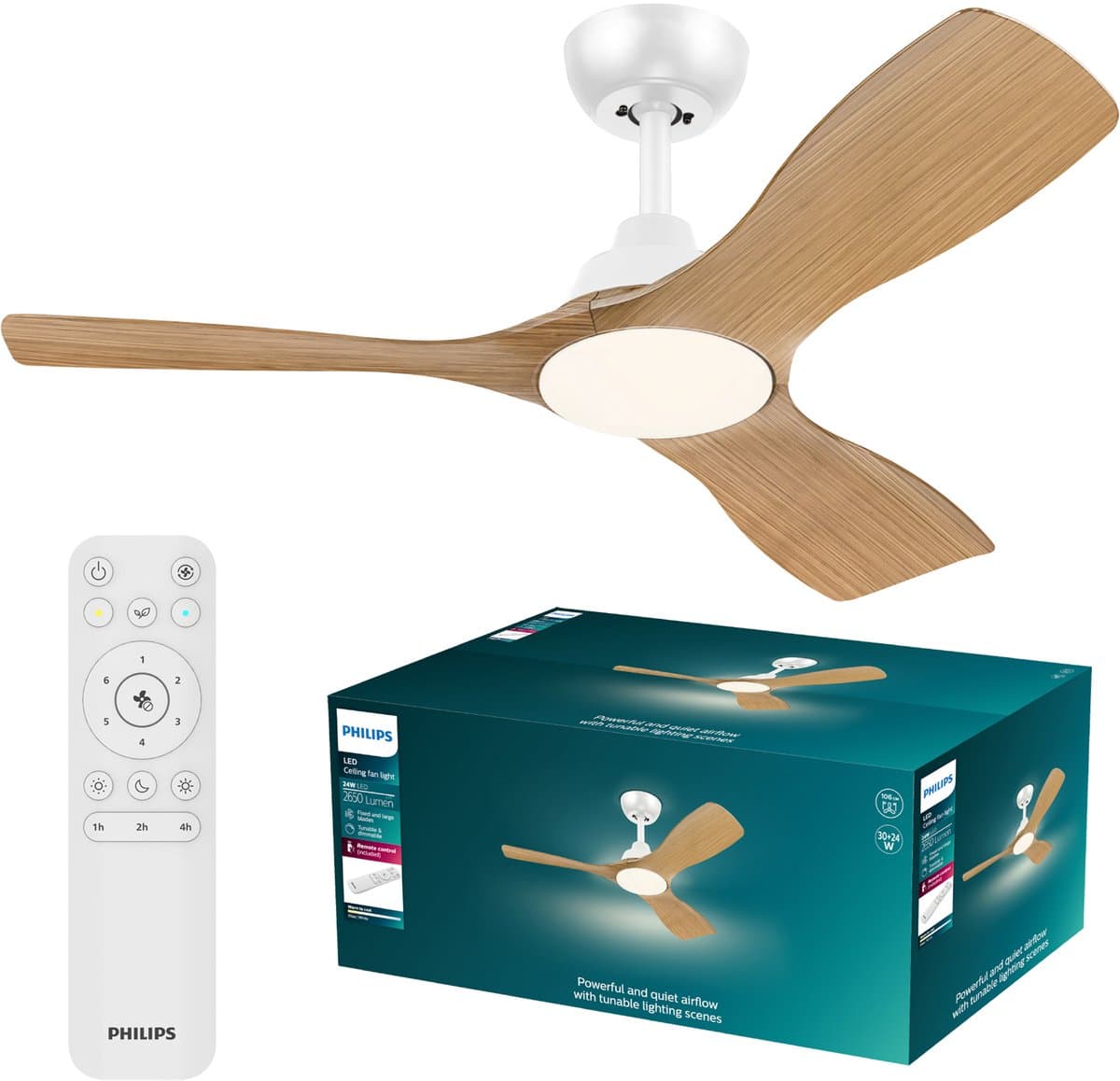 Philips Olas Ventilator met LED lamp - Diameter: 106cm - Instelbaar wit licht van 3000K tot 6500K - Dimbaar tot 5% - Inclusief afstandsbediening - 2650 Lumen - Wit/Hout — afbeelding 1
