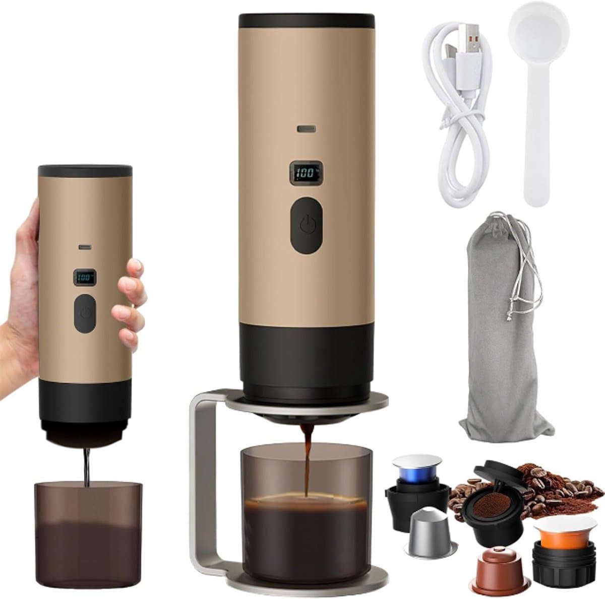 Drie-In-ééN Draagbare Koffiezetapparaat, Draagbare Koffiezetapparaat, Oplaadbare Koffiezetapparaat, Usb-Capsule Espressomachine (Kaki) — afbeelding 1
