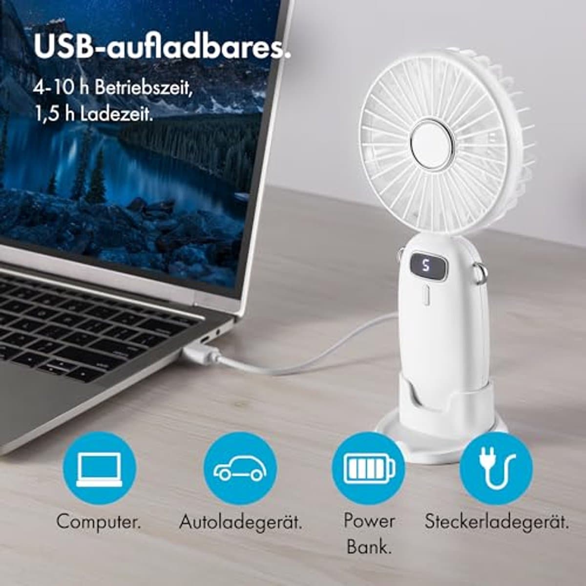 Draagbare Oplaadbare Mini Nekventilator met 5 Snelheden en Telefoonhouder - USB Ventilator voor Thuis, Kantoor en Reizen — afbeelding 1