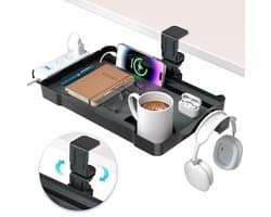 Rotating Clamp Desk Organizer - 360° Organizer with Headphone Hanger, Phone Slot, Cup Holder and Cap Holder - No Drilling Required for Home Office