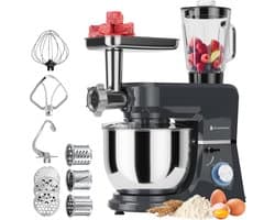 KitchenBrothers Keukenmachine - Keukenrobot - 6-in-1 Keukenmixer - Met Gehaktmolen, Blender en 15 Accessoires - BPA-vrij - 6,2L RVS Kom - Antraciet