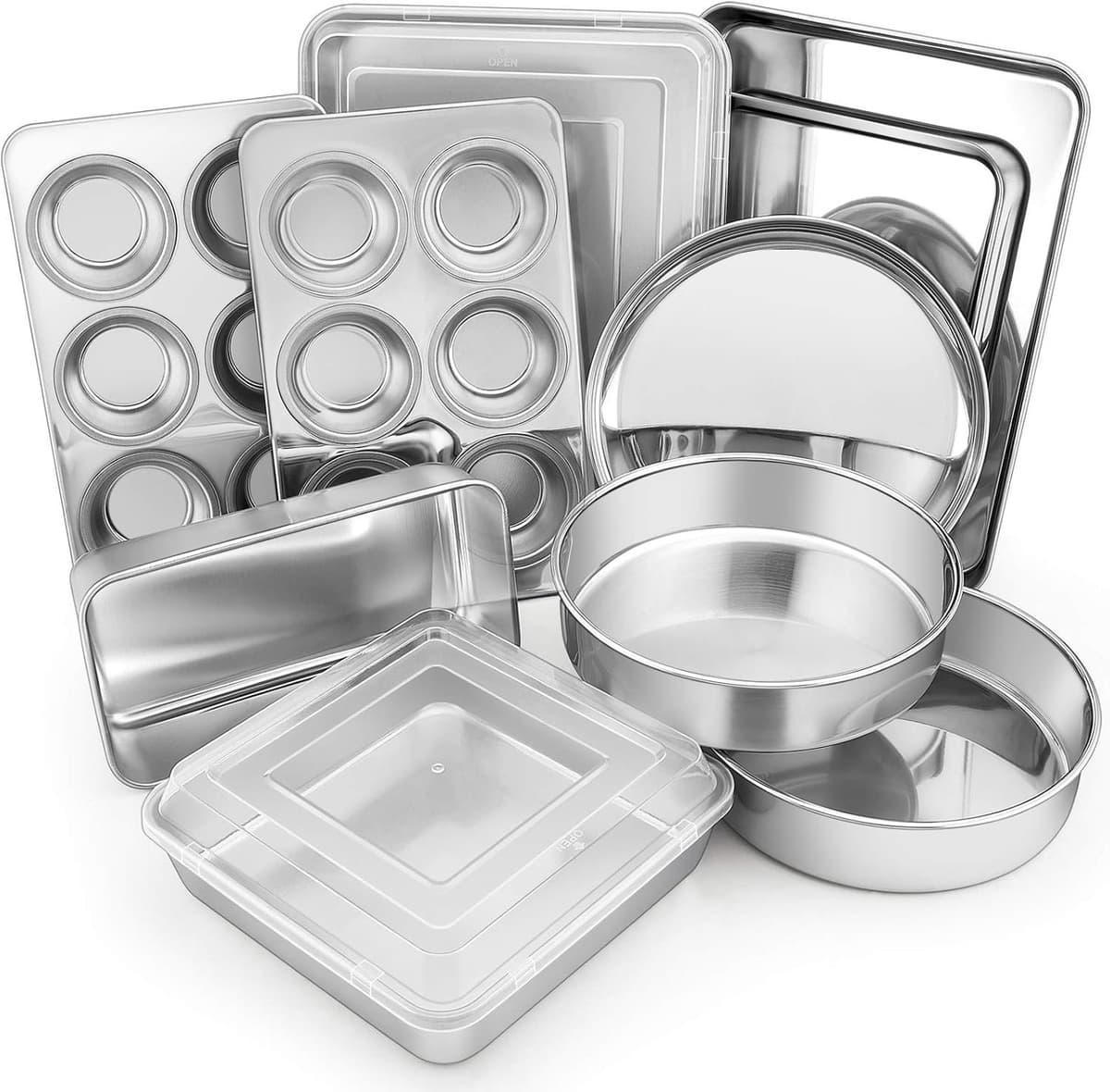 E-far 12-delige roestvrijstalen bakvormen set, ronde en vierkante/rechthoekige bakpannen met deksels, koekjesblad, brood/muffin/pizzapan, niet-giftig en vaatwasmachinebestendig — afbeelding 1
