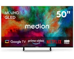 MEDION 125.7 cm 50" QLED TV Smart TV 4K Dolby Vision HDR Prime Video Disney+ Compatibel met Google TV PVR Bluetooth, MD850701
