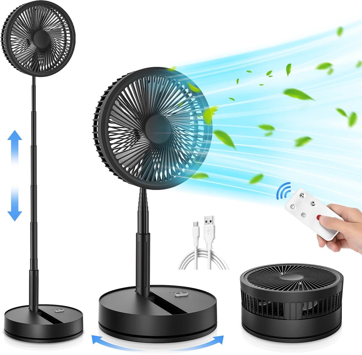 KZQ Oplaadbare Opvouwbare Oscillerende Ventilator (22 cm) – Uitgerust met een 8000mAh batterij, USB-C poort en afstandsbediening; een stille vloer-/tafelventilator, geschikt voor slaapkamers, kantoren, kamperen en reizen; Zwart. — afbeelding 1