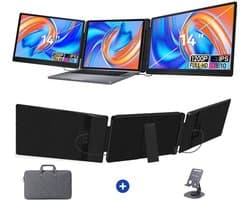 TYVON Triple Portable Monitor 14 inch - Flip - Tri screen - Full HD Draagbare monitor met USB-C & HDMI - Voor Apple en Windows - Plug & Play - Dubbel Scherm - Opvouwbaar - Laptop Scherm Uitbreider - Externe Monitor incl. Draagtas - Beeldscherm