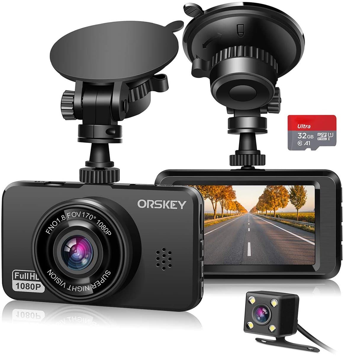 SnelShoppen - ORSKEY Dashcam voor Auto's Voor en Achter met Dubbele Lens 1080P Full HD, 170° Groothoek, SD-kaart Inbegrepen, G-sensor en Lusopnamemodu — afbeelding 1