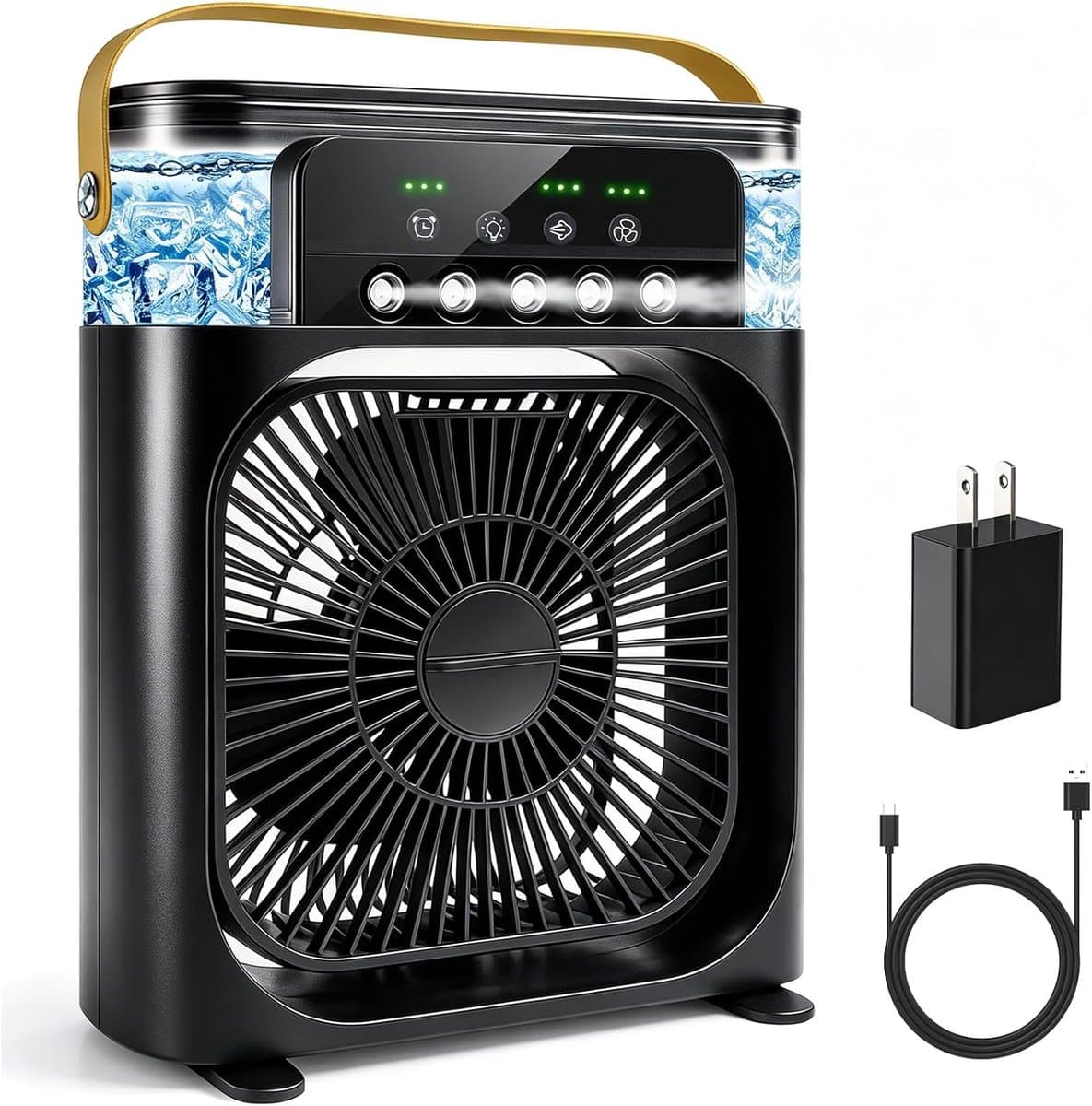 Draagbare airconditioner met ventilator, mini-verdampingskoeler met 5 sproeimondstukken, 3 windsnelheden, 3 timers, 7 kleuren LED-verlichting, 600 ml persoonlijke airconditioner/ventilator voor slaapkamer, kantoor en camping (zwart) — afbeelding 1