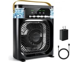 Draagbare airconditioner met ventilator, mini-verdampingskoeler met 5 sproeimondstukken, 3 windsnelheden, 3 timers, 7 kleuren LED-verlichting, 600 ml persoonlijke airconditioner/ventilator voor slaapkamer, kantoor en camping (zwart)
