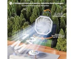 Draagbare Campingventilator met LED licht - 20.000 mAh, 4 standen, USB, Stil, Met Afstandsbediening en Haken - Ideaal voor Picknick, Barbecue, Vissen en Wandelen