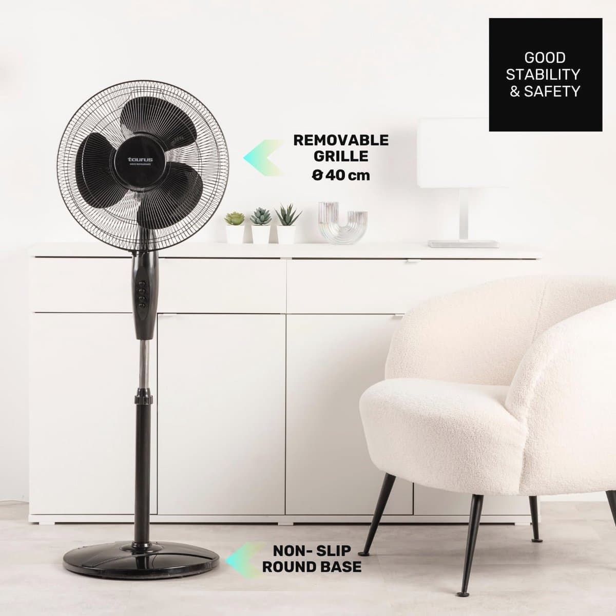 Elegante Statiefventilator met Oscillerend Systeem | 40 cm | 3 Snelheden | Verstelbare Hoogte | Handmatig Kantelbaar | Draaghandvat — afbeelding 1