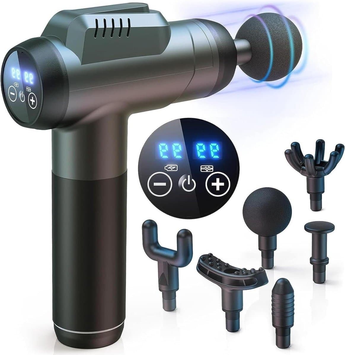 Massage Pistool Diepe Weefselmassager - 99 Snelheden - Krachtige Percussiemassager - LCD-touchscreen - Handmassageapparaat - 6 Massagekoppen - Spierpijnverlichting en Ontspanning - Grijs — afbeelding 1