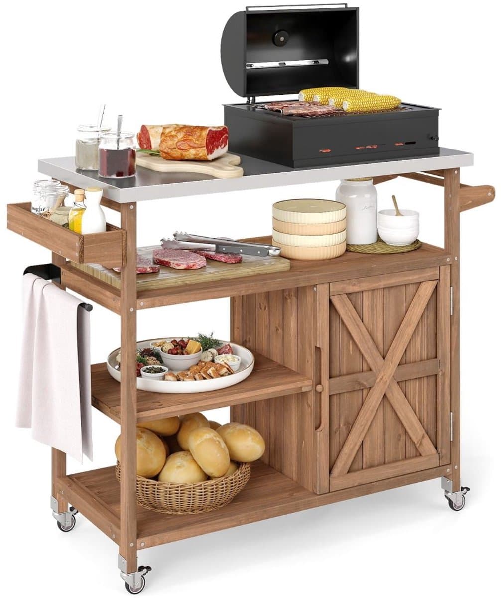 Buitenkeuken op Wielen – BBQ Trolley – Met Opbergkast & Planken – Werktafel voor Buiten – Hout & Metaal – Multifunctioneel – Koffie + Zilver — afbeelding 1