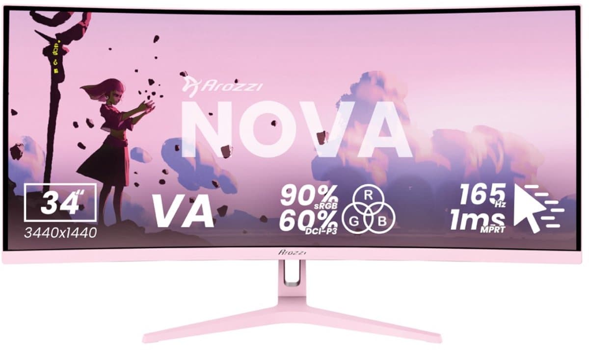 Arozzi Nova 34" Gaming Monitor - Curved - UWQHD VA - 165Hz - Roze — afbeelding 1