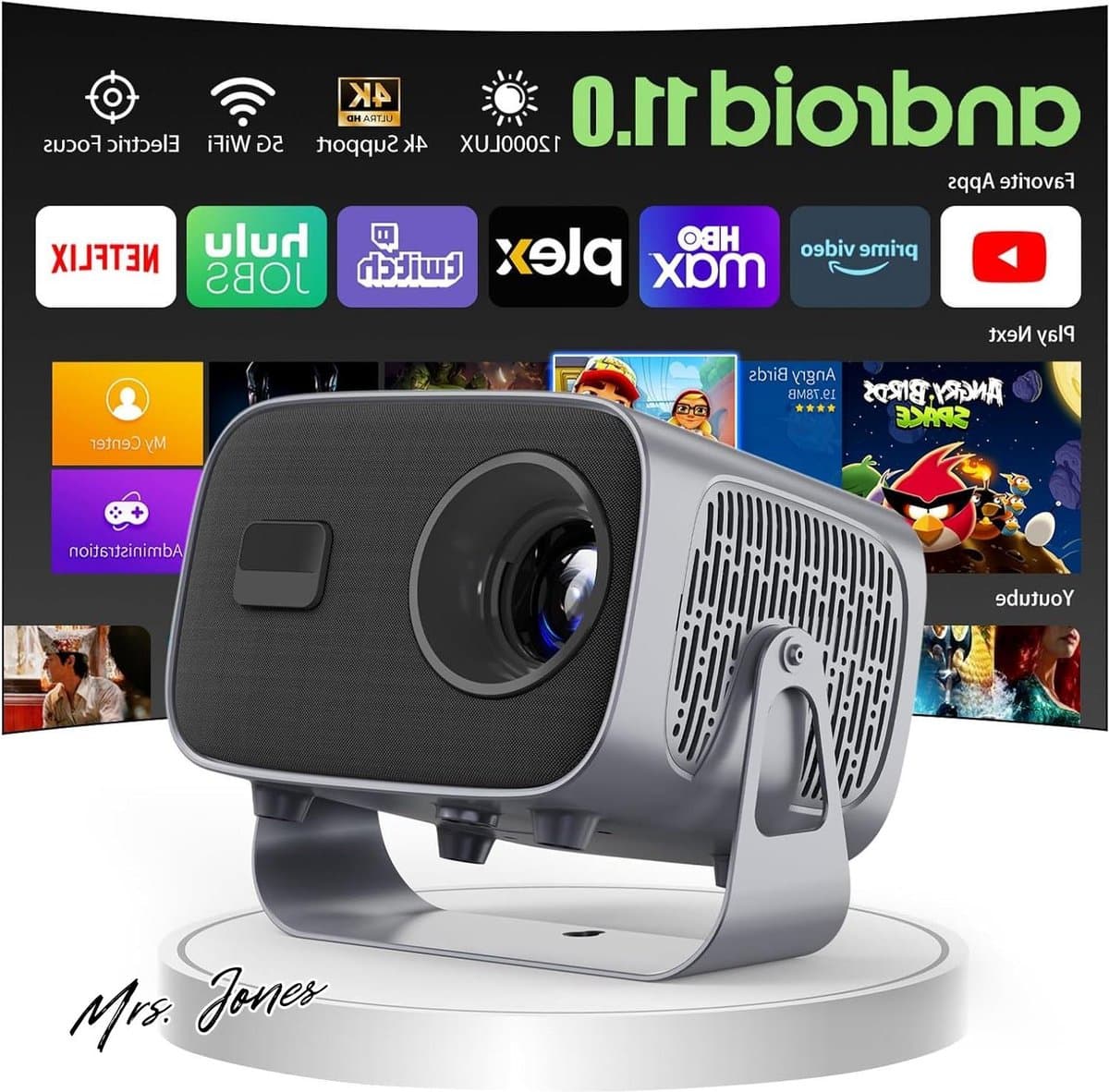 Mrs. Jones 360° draaibare mini-beamer 1080p Android 11.0 wandprojector met luidspreker Netflix auto-focus 2 + 16 GB tv-beamer bluetooth - wandprojector luidspreker . — afbeelding 1