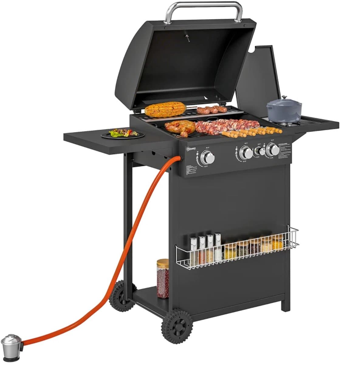 Gasbarbecue - Gasbarbecue en grill - 4 Branders - Zijbrander - 9,5 kW - Grillwagen - met Grillrooster, Wielen, Bijzettafels, Drukregelaar, Slangen, Hermometer en Warmhoudplaten - 123 x 57 x 98 cm - Zwart — afbeelding 1