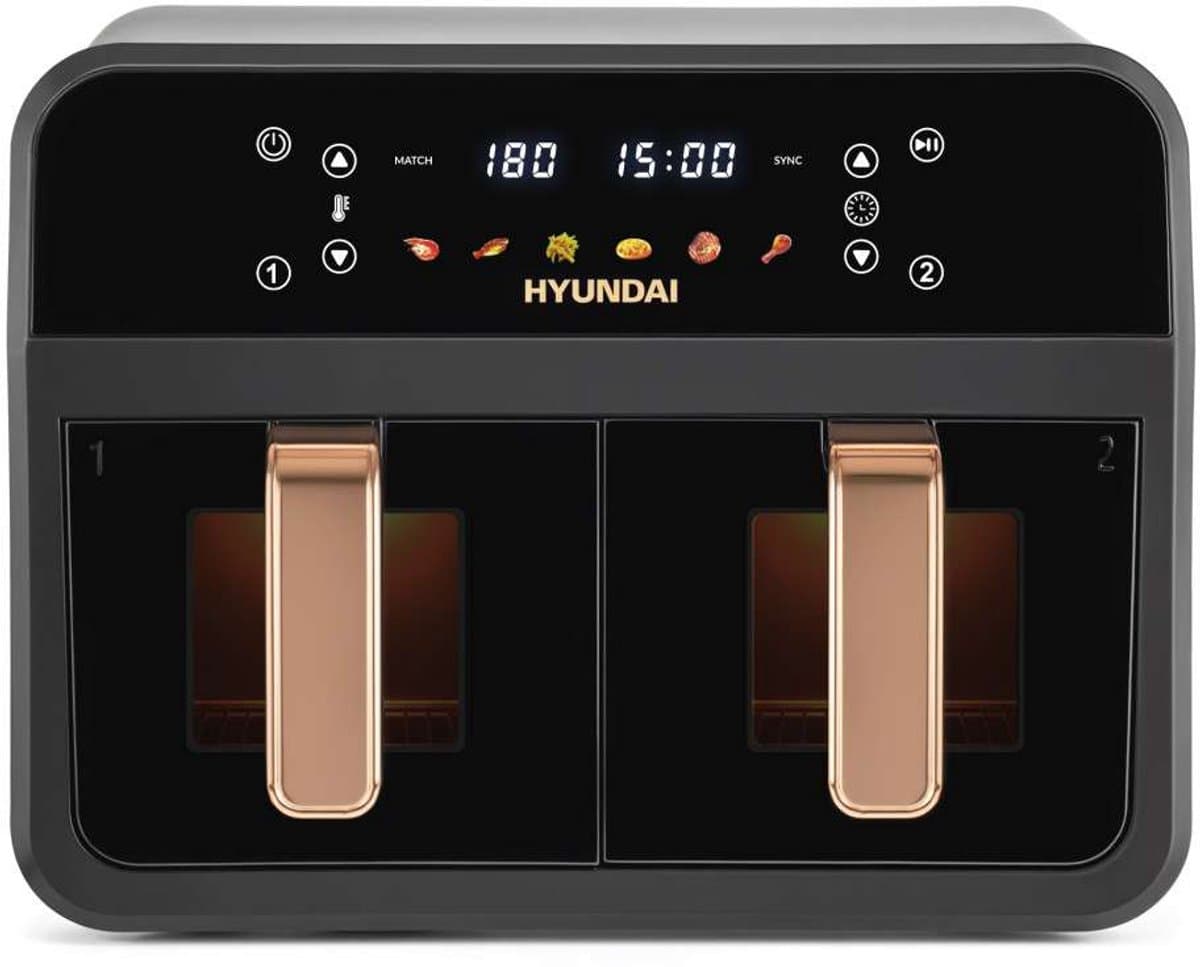 Hyundai Electronics - Digitale Airfryer Duo - Hetelucht friteuse - 6.2 Liter - Met dubbele mand en doorkijkvensters - Zwart met roségoud — afbeelding 1