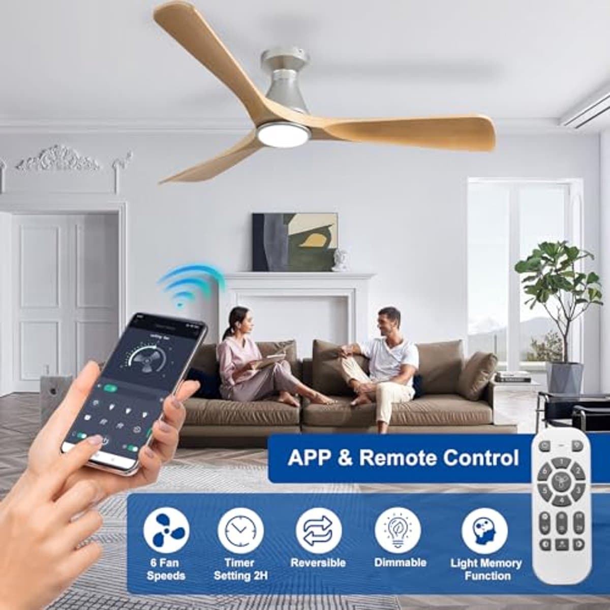 52 inch plafondventilator met licht en app-afstandsbediening – Dimbare ventilator voor lage plafonds met timer en ultra lichte DC-motor — afbeelding 1