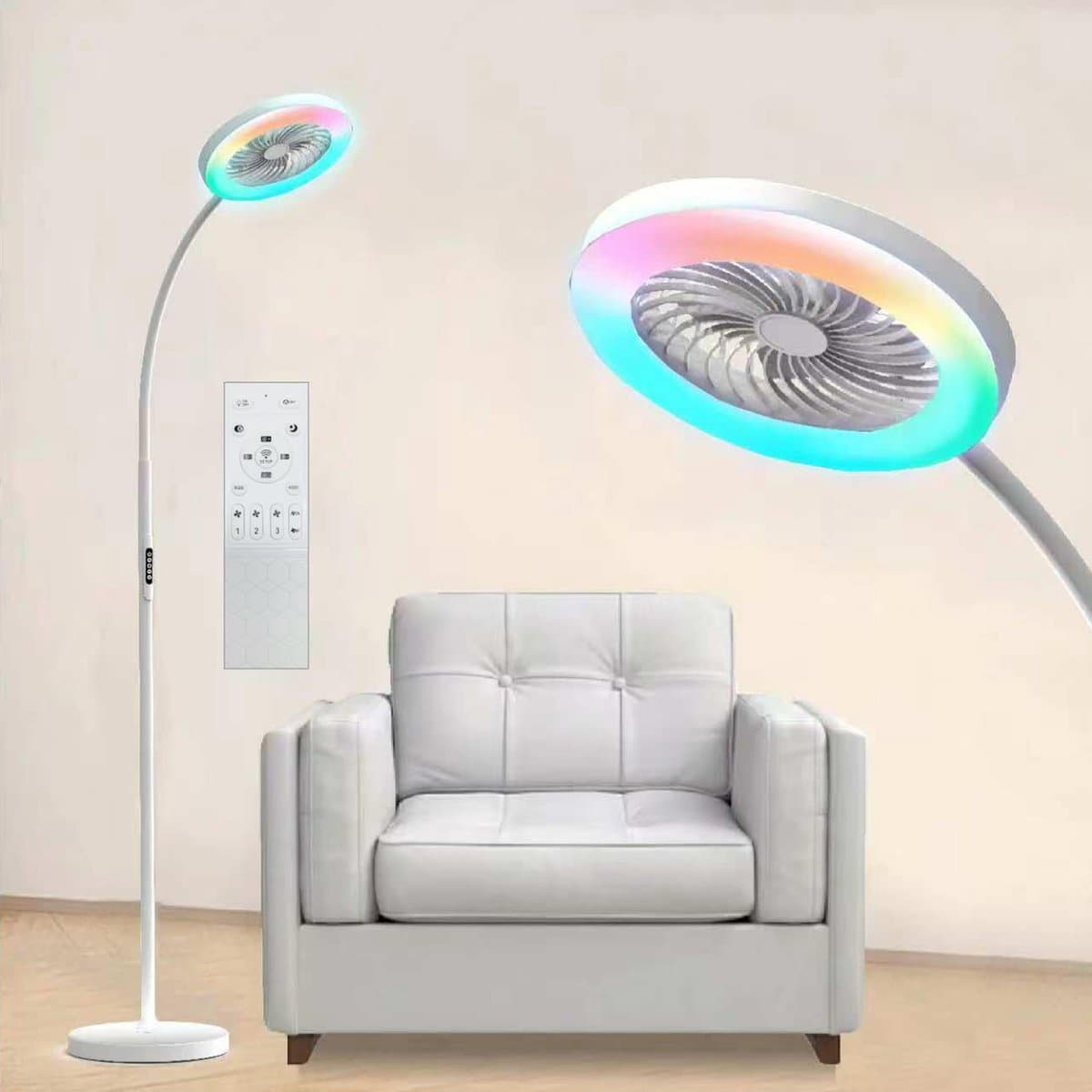 Rosnek Staande Lampen met Ventilator - 183cm Stille 2-in-1 Staande Ventilatorlamp – 1500 Lumen LED - 3 Snelheden, 12W RGB + Afstandsbediening – 360° Zwanenhalsrotatie Staande Lampen - Ideaal voor Slaapkamer/Kantoor(Wit) — afbeelding 1