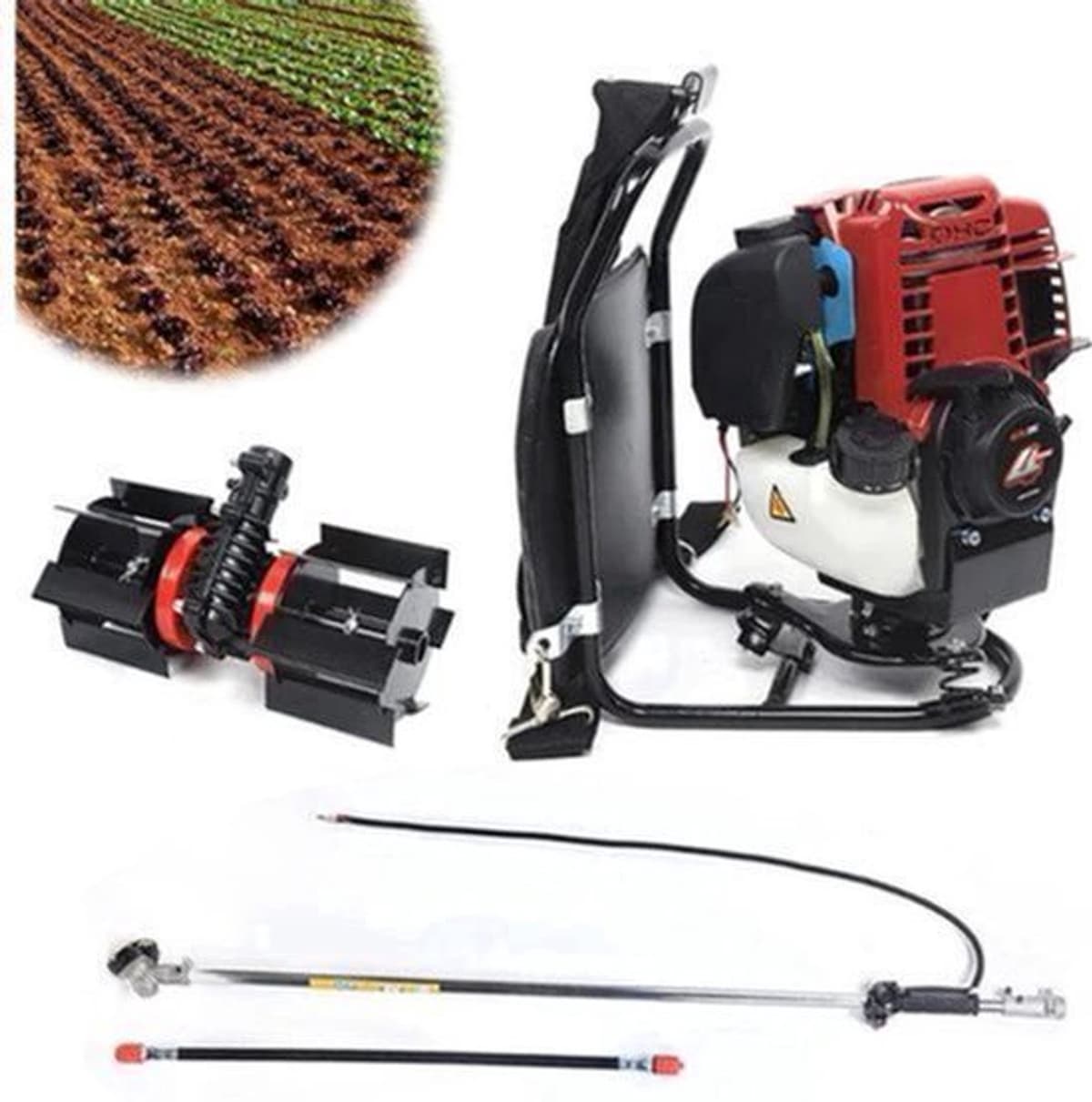 Benzine Grastrimmer - Grasmaaier - Bosmaaier - Kantenmaaier - Tuingereedschap - 35.4CC - 4-Takt 1KW, 4500-8500RPM – Rugzakmodel in Zwart/Rood — afbeelding 1