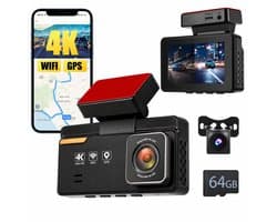 SnelShoppen - 4K Dashcam Voor en Achter Met Wifi, GPS, Dual Lens 4K + 1080P, 3 Inch IPS Mini Autocamera, Inclusief 64 GB SD-kaart, Parkeerbewaking, Na