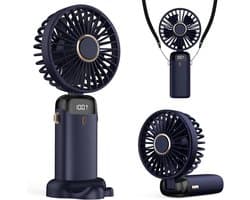 Draagbare USB-ventilator met led-display (3-in-1: hand-, nek- en tafelventilator), opvouwbaar en 90° verstelbaar – ideaal voor zomer, kantoor, slaapkamer en op reis; cadeau voor volwassenen en kinderen (donkerblauw)