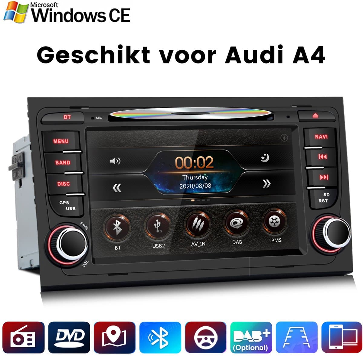 Junsun Wince 6.0 Autoradio met CD DVD Speler Geschikt voor Audi A4 8E 8H B6 B7 2000-2009, GPS-Navigatiesystem, Bluetooth, RDS, DSP, SWC, FM, 7-inch Touchscreen, Plug & Play met scherm — afbeelding 1