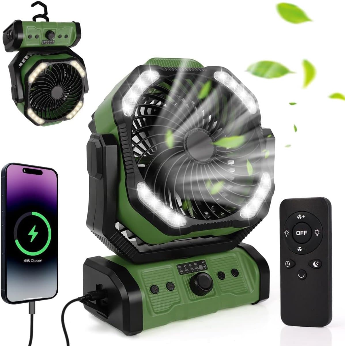 20000 mAh USB-campingventilator met LED-verlichting, draagbare oplaadbare bureau-/tentventilator met afstandsbediening en haak, 270° draaibare kop voor vissen en als windscherm. — afbeelding 1
