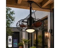 Rosnek Plafondventilator met Lamp voor Buiten - IP65 Waterdichte Ventilator ∅ 50 cm - stille DC-moto - Ventilatorlamp met 5M Stekker, App en Afstandsbediening - 6 Snelheden - Dimbare - Zwart - Voor Terras, Pergola, Gazebo en Balkon