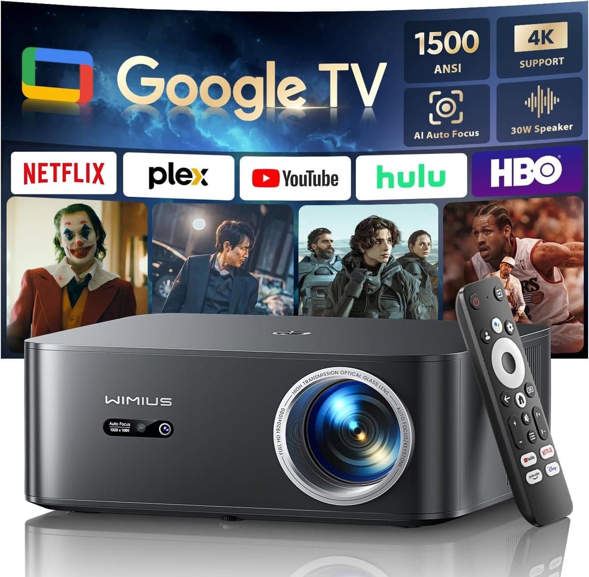 SnelShoppen - 4K Home Theater Projector met Google TV | 1200 ANSI lumen | Autofocus | Trapeziumcorrectie | 20W Smart Licht | FHD 1080P | WiFi 6 | Blue — afbeelding 1