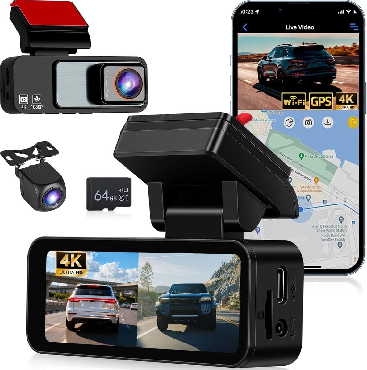 SnelShoppen - 4K Dual-Dashcam met Wifi en GPS, 3,16 inch IPS Autocamera, Voorzijde 4K + Achterzijde 1080P, Nachtzicht, Loop-opname, G-sensor, 24-Uurs — afbeelding 1