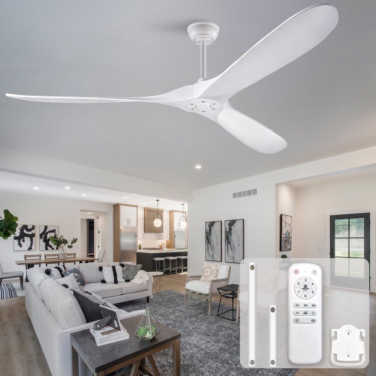 Re-purelife® Koel Zomer Collectie Plafondventilator 176 cm Wit - 3 Massief Houten Bladen - Zonder Verlichting - Met Afstandsbediening - 6 Snelheden, Omkeerbare Motor en Geheugenfunctie - voor winter en zomer — afbeelding 1