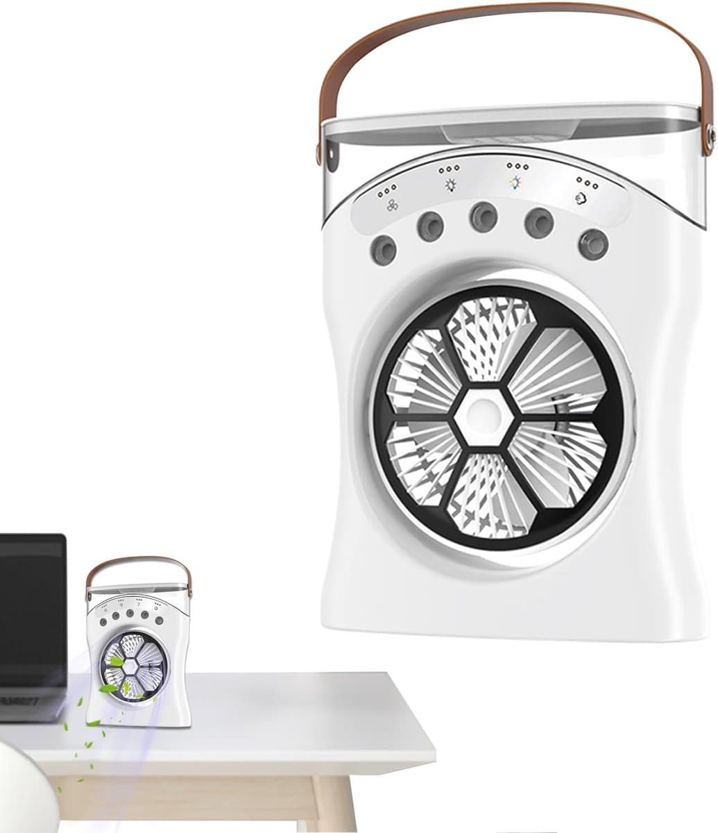 Aircooler - Ventilator - Bureauventilator – Oplaadbare tafelventilator met vernevelingsfunctie, 180 graden oscillatie en koelstanden voor warm weer, de slaapkamer of de studeerkamer - luchtkoeler(wit) — afbeelding 1