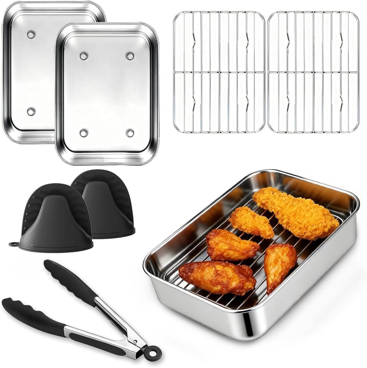 6-delige set accessoires voor de heteluchtfriteuse – 2 roestvrijstalen bakplaten + 2 roosters, een tang en handschoenen, gemakkelijk schoon te maken — afbeelding 1