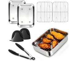 6-delige set accessoires voor de heteluchtfriteuse – 2 roestvrijstalen bakplaten + 2 roosters, een tang en handschoenen, gemakkelijk schoon te maken
