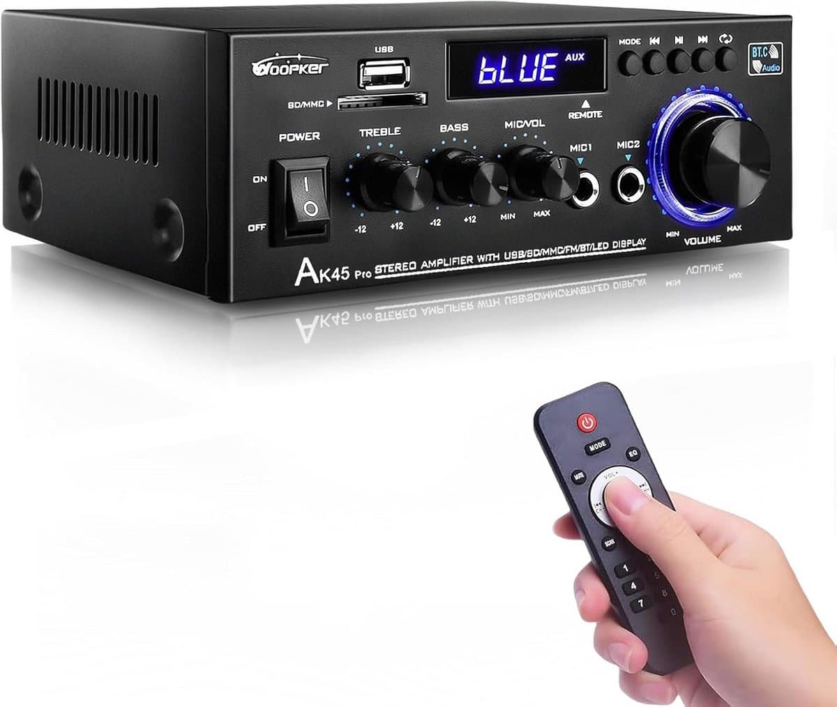 Bluetooth 5.0 Stereo Versterker Mini Audio Power Amplifier met Bass, AUX, RCA, USB en FM Radio — afbeelding 1