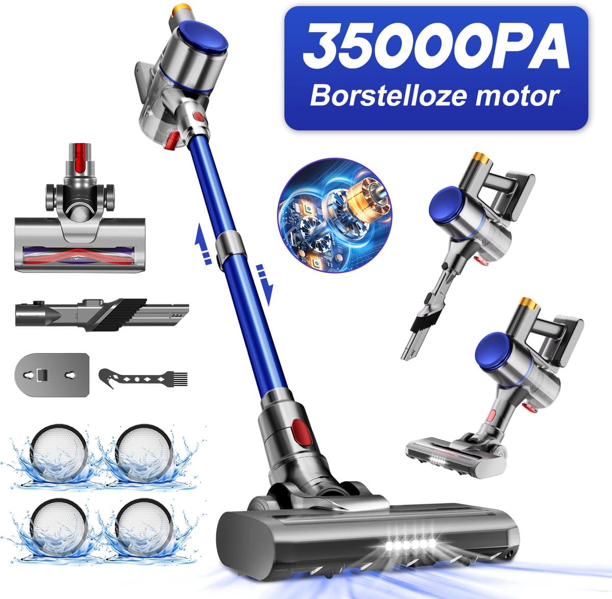Elekiatech Steelstofzuiger - 35000Pa - Steelstofzuiger Draadloos - 2200 mAh Accu - 50 Minuten - 1,5 L Stofbak - voor Tapijten en Harde Vloere - Blauw — afbeelding 1