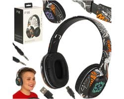 MOZY® - Draadloze Koptelefoon - Zwart Graffiti - Bluetooth - tot 10 Meter - tot 100 uur - Bedieningspaneel - Micro SD-kaartlezer - Hoofdtelefoon Kinderen - Verstelbaar