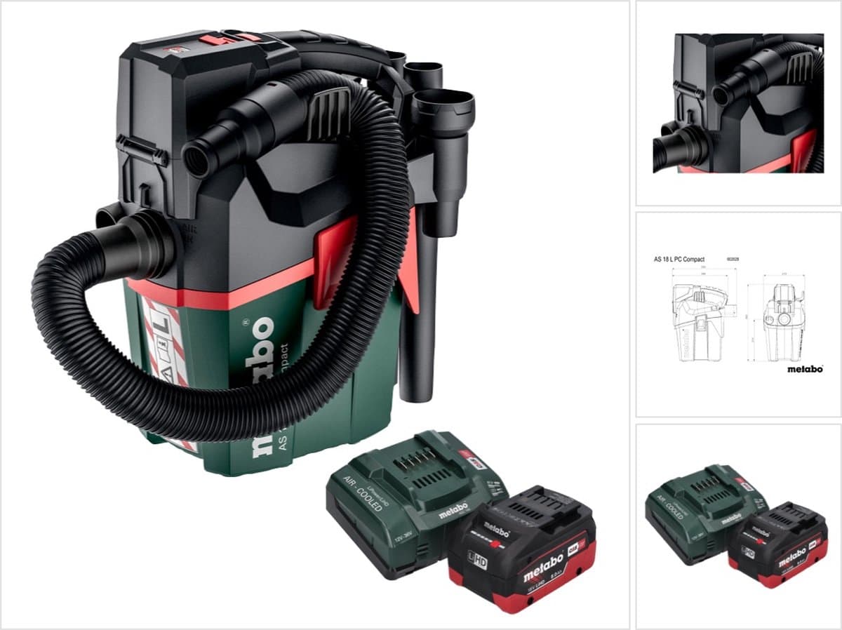 Metabo AS 18 L PC Compact accustofzuiger 18 V 6 l IPX4 stofklasse L nat en droog + 1x accu 8,0 Ah + oplader — afbeelding 1