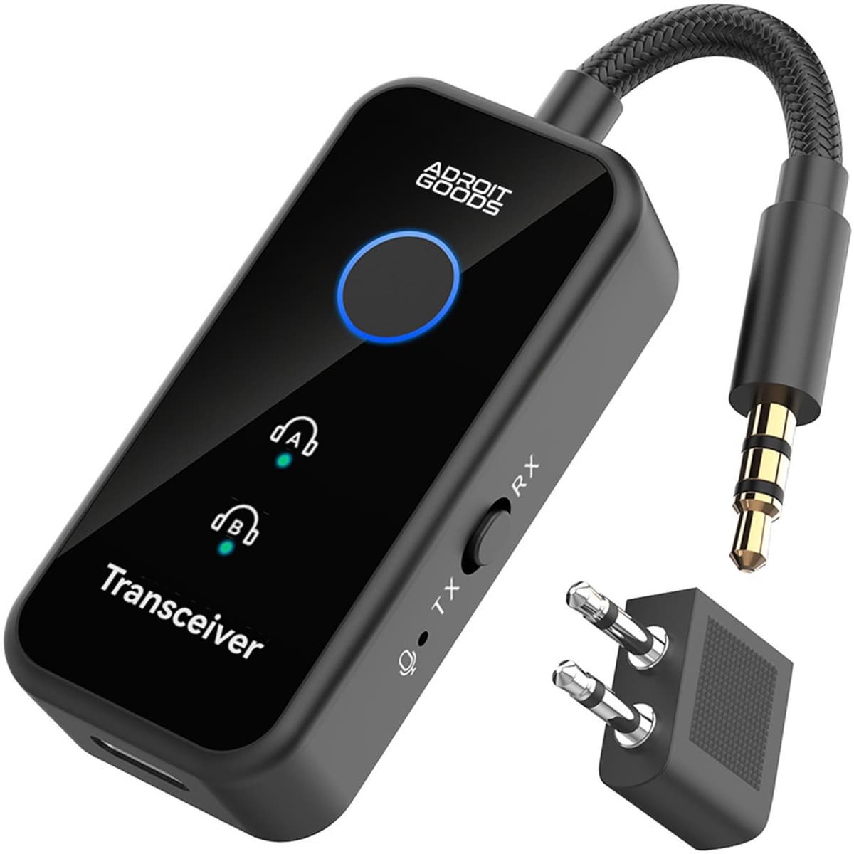 AdroitGoods Bluetooth 6.0 Zender en Ontvanger - 2-in-1 AUX Adapter 3,5 mm - Vliegtuig, Auto en TV - 18 Uur Accu - USB-C - Twee Koptelefoons - Zwart — afbeelding 1