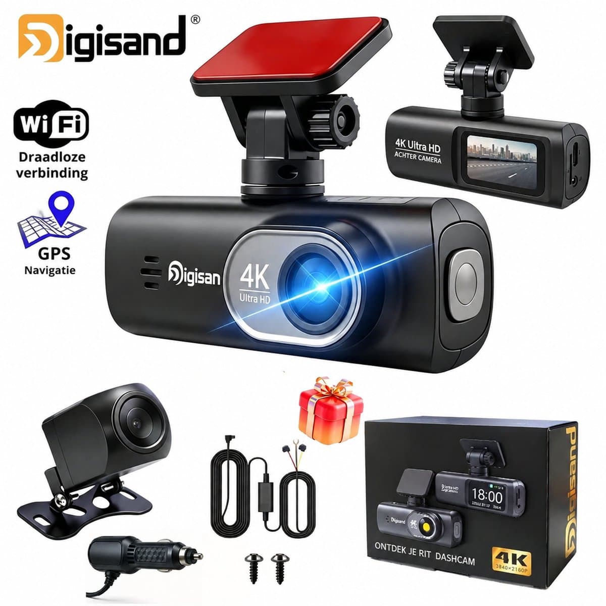 Digisand V22 Dashcam-4K/3840*2160P Cameră auto de bord - Auto Camera Voor & Achter Dubbele Lens-Wifi & App-G-sensor-Auto DVR Videorecorder Unghi 170°-GPS-Inclusief 128GB SD-kaart — afbeelding 1