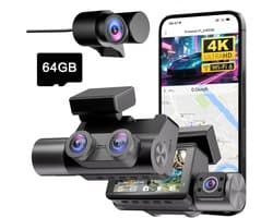 Dashcam Auto 3 Kanaals - Autocamera Video Recorder - Veiligheid Onderweg - 4K UHD Voorkant Achter - 64GB Kaart - Zwart